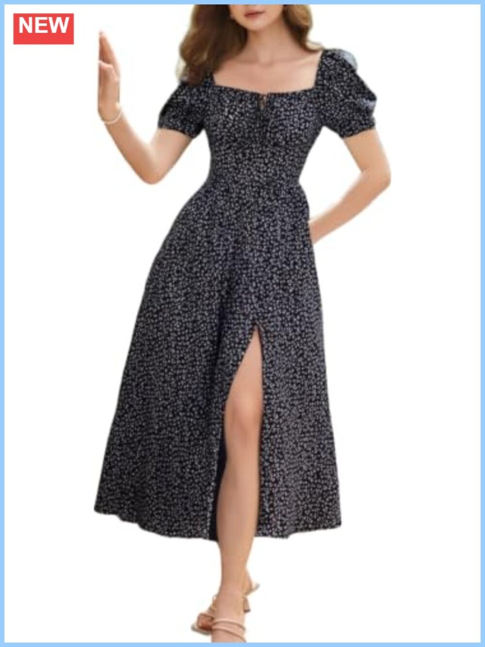 Floral Midi Dress Square Neck Puff Sleeve Corset Split Pocket Cottagecore